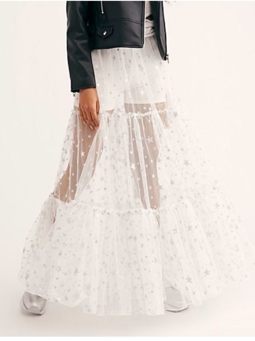 NWOT Free People Tulle Way To Shine Maxi Skirt, Size M, White, Silver Stars